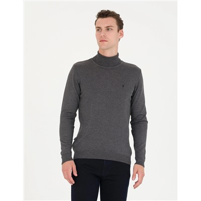 Gri Melanj Slim Fit Balıkçı Yaka Basic Triko Kazak