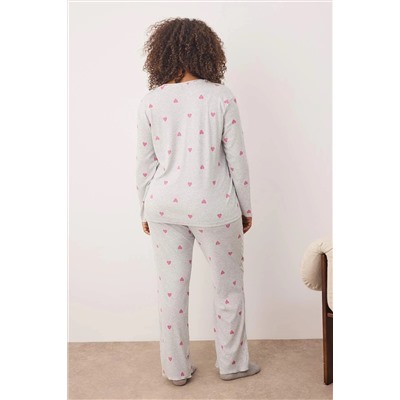 Gri Melanj Kalpli Slogan Baskılı Lastikli Örme Pijama Takımı TBBAW26AI00020