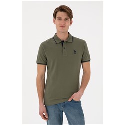 Erkek Slim Fit Polo Yaka Koyu Haki Basic Tişört