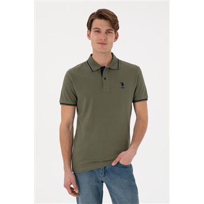 Erkek Slim Fit Polo Yaka Koyu Haki Basic Tişört