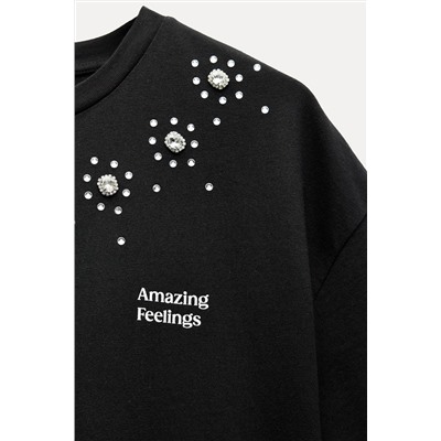 SLOGAN T-SHIRT WITH RHINESTONES