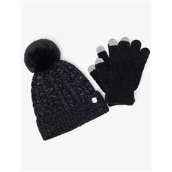 LADIES POM POM FLEECE BEANIE AND GLOVE SET