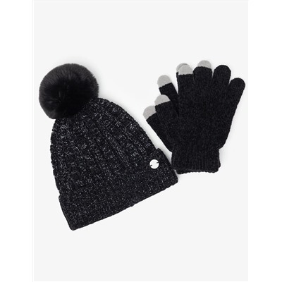 LADIES POM POM FLEECE BEANIE AND GLOVE SET