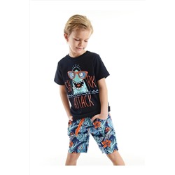 Denokids Shark Hawaii Köpekbalığı Erkek Çocuk Lacivert T-shirt Tropik Şort Takım CFF-22Y1-079