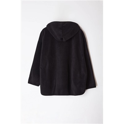 Siyah Kalın Polar Kapüşonlu Oversize/Bol Kesim Büyük Beden Sweatshirt TBBAW25AO00030