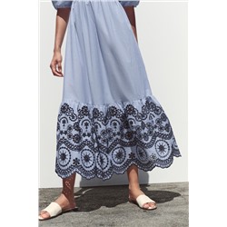 STRIPED EMBROIDERED MIDI DRESS