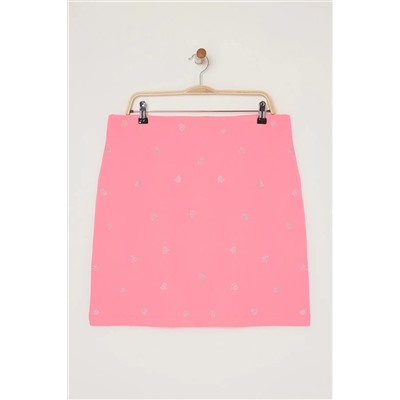 Pembe Kalp Desenli Taşlı Mini Dokuma Büyük Beden Etek TBBSS25AZ00011