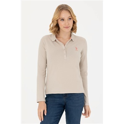 Kadın Bej Polo Yaka Basic Sweatshirt