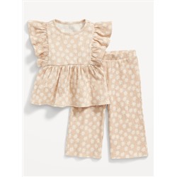 Sleeveless Ruffle-Trim Printed Top & Wide-Leg Pants Set for Baby