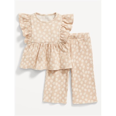 Sleeveless Ruffle-Trim Printed Top & Wide-Leg Pants Set for Baby