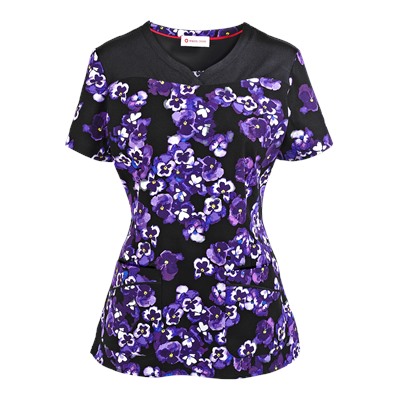 White Cross Scrubs Panzy Noir Print Top