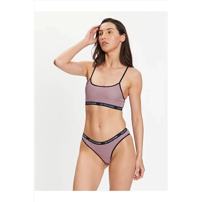 U.S. Polo Assn. Kadın Lacivert Çizgili Pamuklu Likralı 2'li Büstiyer Slip Set U7S7P3O6L1