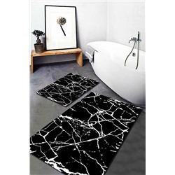 WOOLLY HOME COLLECTİON Beyaz Motifli Siyah Mermer Desenli 2'li Halı Takımı (60x100/40x60) - Wlly4 WLLY-BNY04