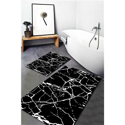 WOOLLY HOME COLLECTİON Beyaz Motifli Siyah Mermer Desenli 2'li Halı Takımı (60x100/40x60) - Wlly4 WLLY-BNY04