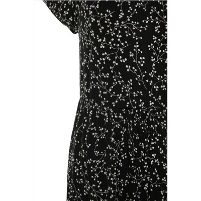 Siyah Çiçek Desenli A-line Maxi Boy Örme Büyük Beden Elbise TBBSS22AH00009