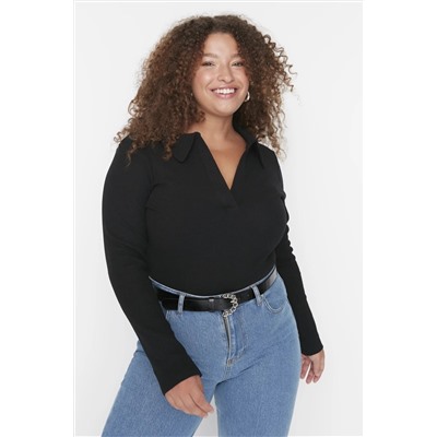 Siyah Vücuda Oturan Fitilli Örme Gömlek Yaka Çıtçıtlı Body TBBAW23CS00007