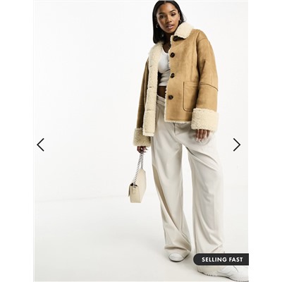 ASOS DESIGN bonded borg jacket in tan suedette and cream