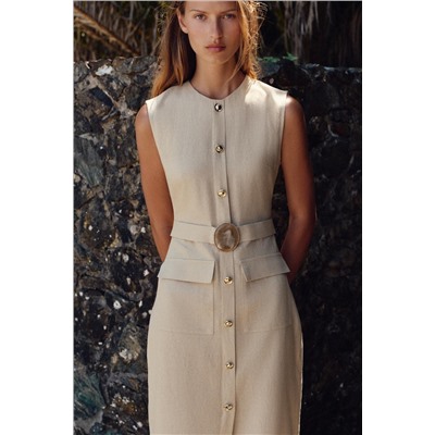 LINEN BLEND BUCKLE MIDI DRESS