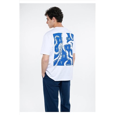 Mavi Sırt Ahtapot Baskılı Beyaz Tişört Loose Fit / Bol Rahat Kesim 0611557-620