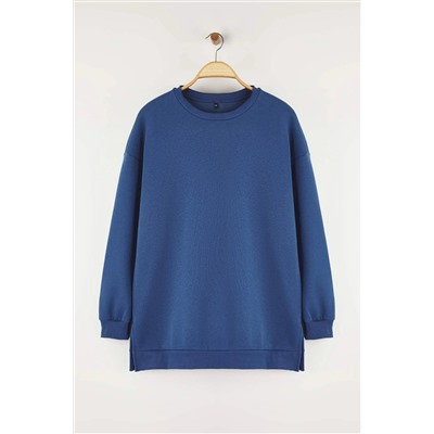 Indigo Kalın İçi Polarlı Yırtmaçlı Oversize/Bol Kesim Örme Büyük Beden Sweatshirt TBBAW24AO00003