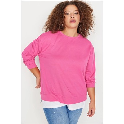 Fuşya Alttan T-Shirt Çıkma Görünümlü İnce Örme Büyük Beden Sweatshirt TBBAW23AO00023