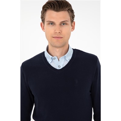 Erkek Slim Fit V Yaka Lacivert Basic Kazak