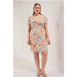 Ekru Çiçekli Mini Şifon Dokuma Büyük Beden Elbise TBBSS25AH00048
