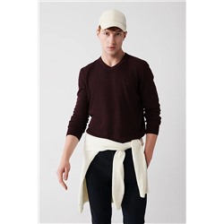 Avva Erkek Bordo V Yaka Tüylenme Yapmayan Regular Fit Standart Kesim Triko Kazak E005003