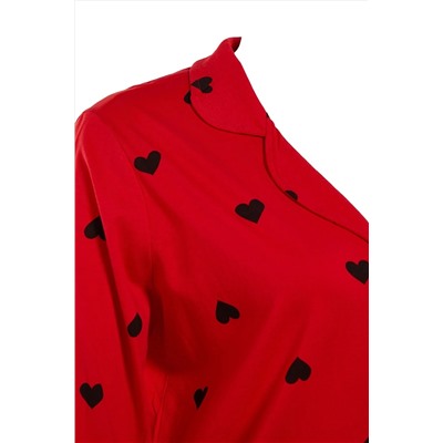 Kırmızı Kalpli Gömlek Yaka Örme Pijama Takımı TBBAW23AI00019