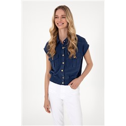 Kadın Lacivert Modal Karışımlı Kısa Kollu Polo Yaka Sweatshırt