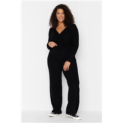 Trendyol Curve Siyah V Yaka Bağlama Detaylı Triko Bluz&Pantolon Takım TBBAW23CP00037