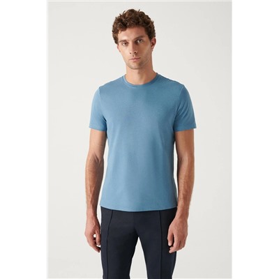 İndigo %100 Pamuk Nefes Alan Bisiklet Yaka T-Shirt