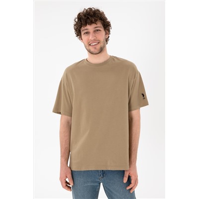 Erkek Oversize Fit Bisiklet Yaka Haki Tişört