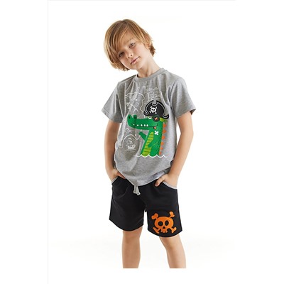 Denokids Korsan Timsah Erkek Çocuk Gri T-shirt Siyah Şort Takım CFF-23Y1-033