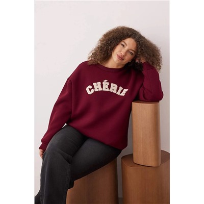 Bordo Kalın İçi Polarlı Oversize/Bol Kesim Slogan Nakışlı Örme Büyük Beden Sweatshirt TBBAW26AO00008