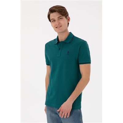 Erkek Slim Fit Polo Yaka Koyu Yeşil Basic Tişört
