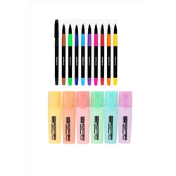KRAF 6'lı Pastel Fosforlu Kalem + Pensan 10 Renk Tükenmez Kalem Seti KPS01