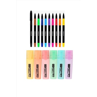KRAF 6'lı Pastel Fosforlu Kalem + Pensan 10 Renk Tükenmez Kalem Seti KPS01