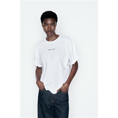 SLOGAN T-SHIRT WITH RHINESTONES