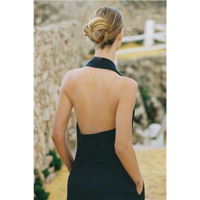 HALTER NECK JUMPSUIT WITH LINEN BLEND BELT