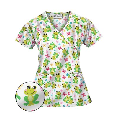 UA Froggy Bliss White Mock Wrap Print Scrub Top