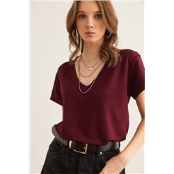Olalook, Kadın Bordo Derin V Yaka Modal Tuşeli Tişört TSH-19000773