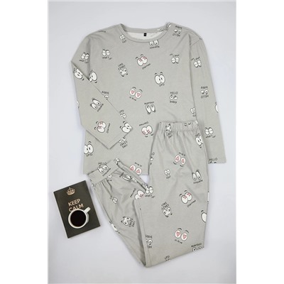 Gri Göz Desenli T-shirt-Jogger Örme Pijama Takımı TBBAW25AI00010