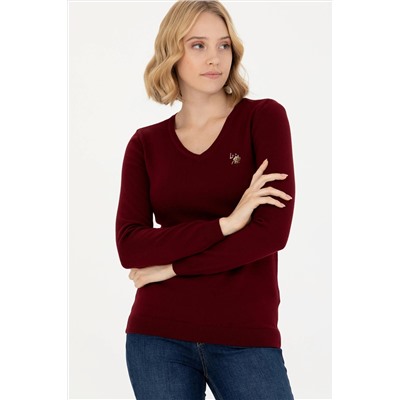 Kadın Bordo V - Yaka Basic Kazak