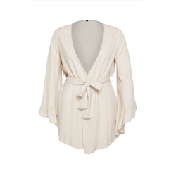Ekru Kolu Fırfırlı Volanlı Viskon Plaj Giyim Dokuma Büyük Beden Kimono&Kaftan TBBSS23DE00001