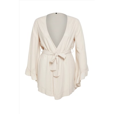Ekru Kolu Fırfırlı Volanlı Viskon Plaj Giyim Dokuma Büyük Beden Kimono&Kaftan TBBSS23DE00001