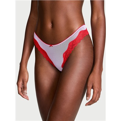 Tease Mesh Lace-Trim High-Leg Thong Panty