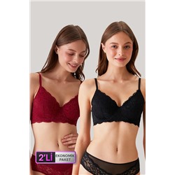 Pierre Cardin2'li Ekonomik Paket Bordo-siyah 6224 Barcelona Toparlayıcı Dantel Sütyen Set D Cup Seçeneğiyle
