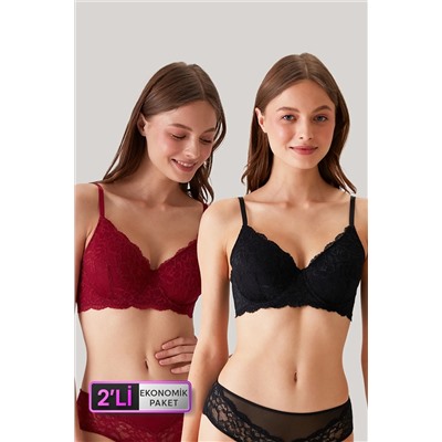 Pierre Cardin2'li Ekonomik Paket Bordo-siyah 6224 Barcelona Toparlayıcı Dantel Sütyen Set D Cup Seçeneğiyle