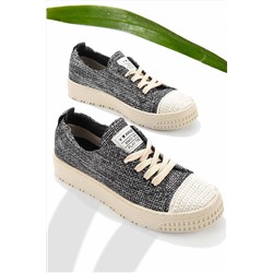 Bambi Siyah Kırçıllı Keten Kadın Sneaker K01129012018